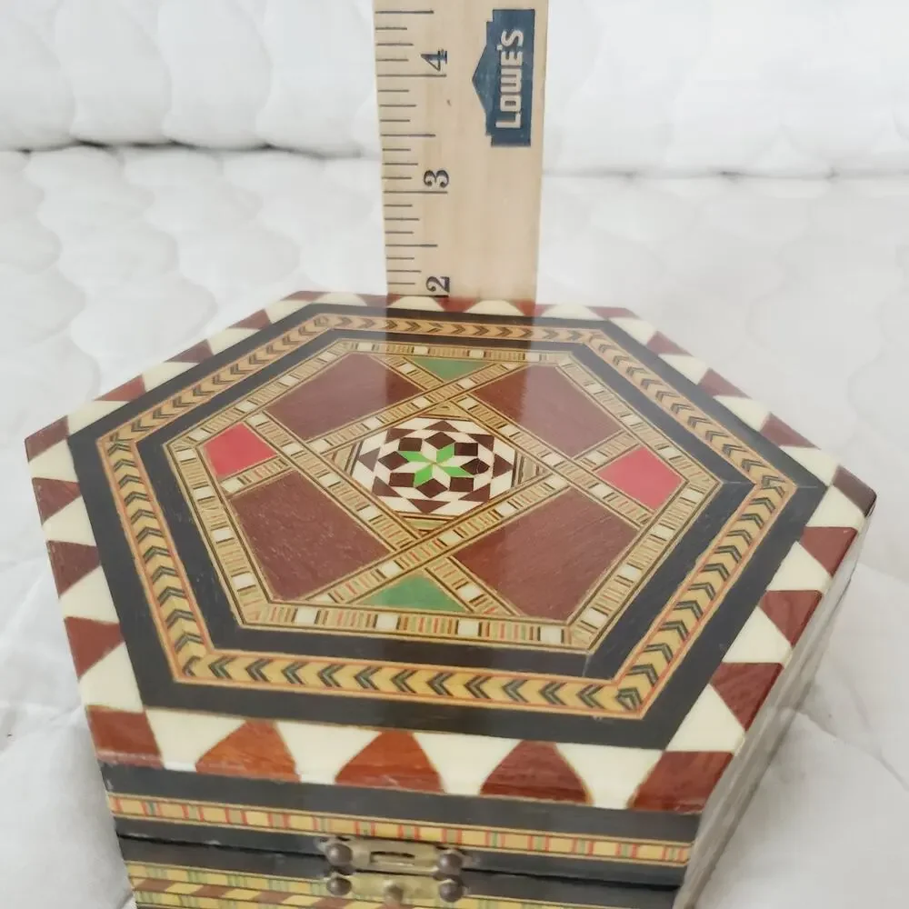 Vintage Spanish Marquetry Trinket Box| Hexagon Jewelry Inlaid Wood Taracea